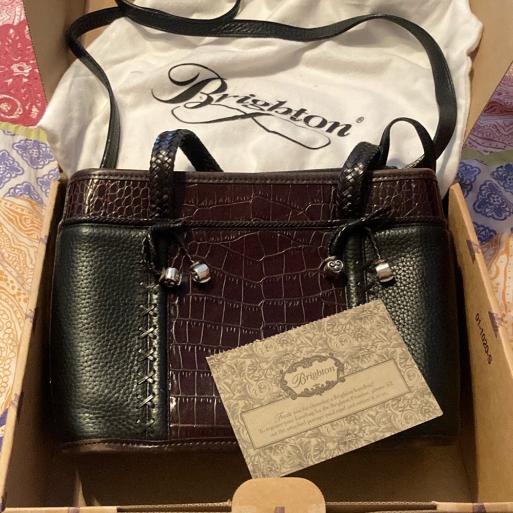 Brighton |Pandora Embossed Black/ Chocolate Leather Handbag Retired